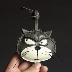 Handmade Leather Angry Cat Bag Charm Keychain Key Ring Christmas gifts  key chain
