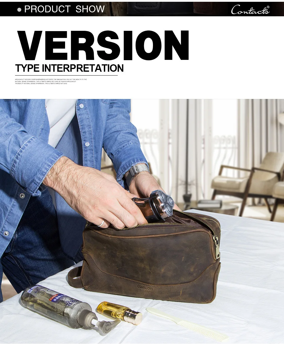 

Men's and women's genuine leather hand-held travel toiletries and makeup bags with large storage capacity and double zippers