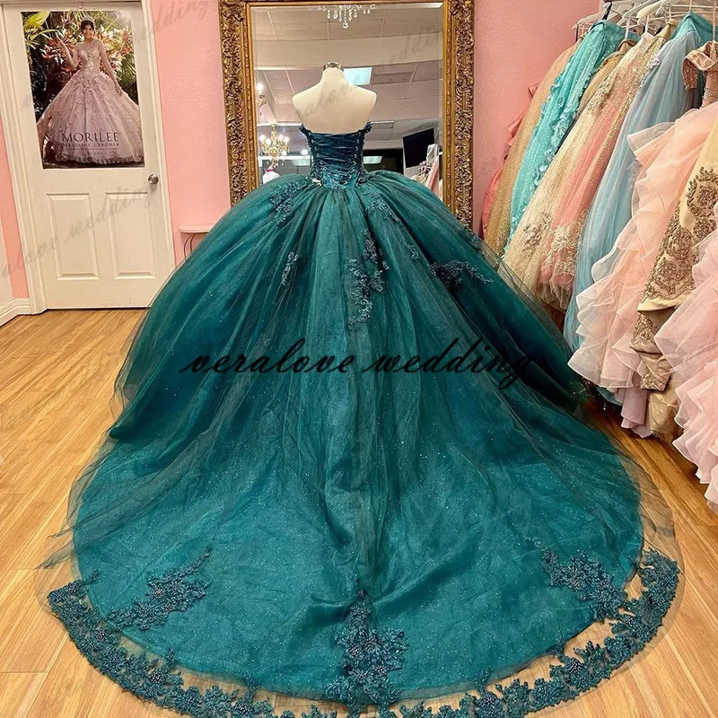 Vestido De baile De princesa verde, vestido De quinceañera sin hombros, 3D Apliques De encaje, flores Vx De quinceañera, 15 vestidos De fiesta De graduación