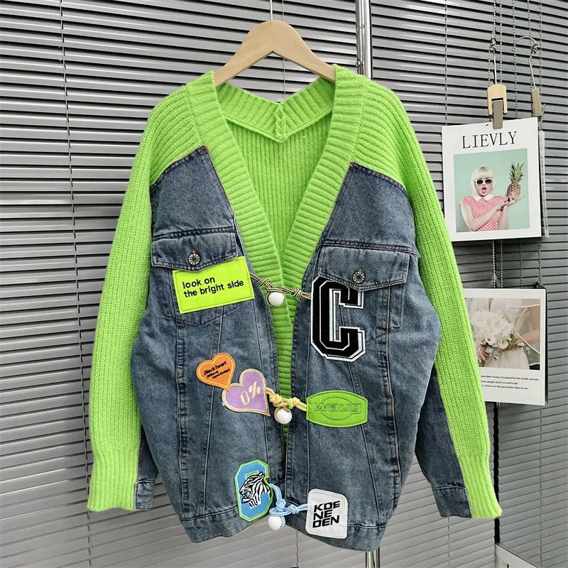 Autumn Winter Cardigan Women Denim Spliced Knitted Sweater Jacket V-Neck Embroidery Fashion Patchwork Sweaters Female Knit Coat