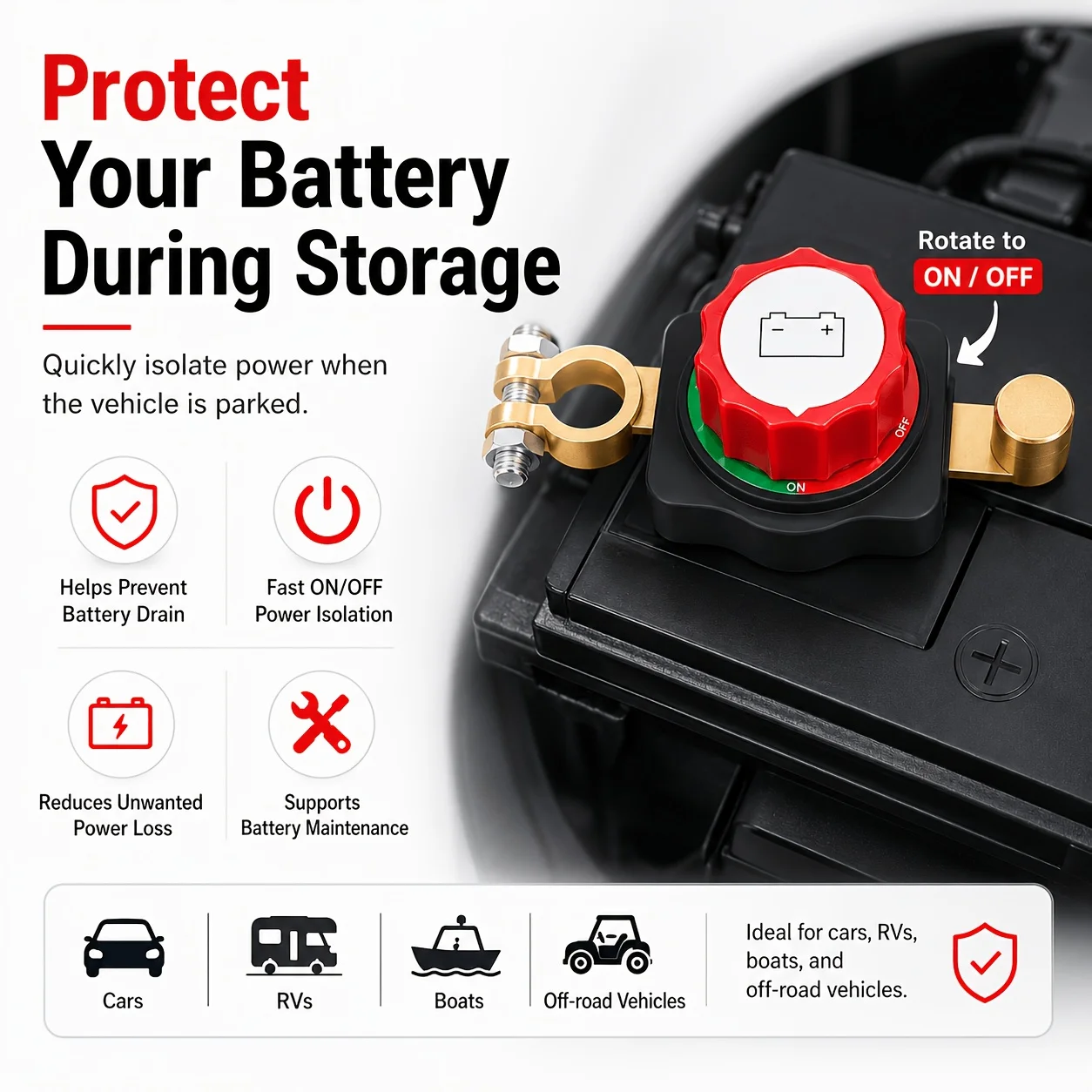 Heavy Duty Vehicle Battery Disconnect Switch Quick Turn Knob YZY Single Rotation Rapid Power Cutoff No Battery Drain for Car SUV