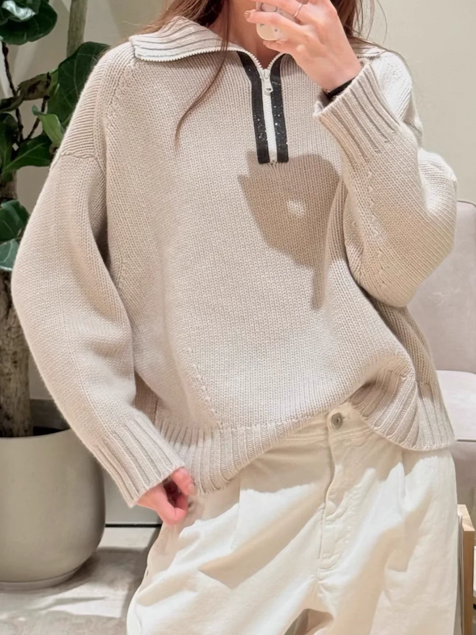 

Autumn Women's Reversible Knitted Pullover Beaded Half Zipper Turtleneck Long Sleeve Loose Female 100% Wool Sweater