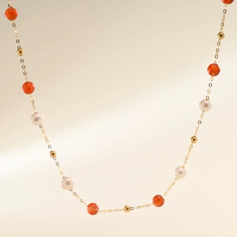 New 18K yellow Gold Necklace Pendant Fine Jewelry au750 natural freshwater red agate fashion wedding party gift for women X1038
