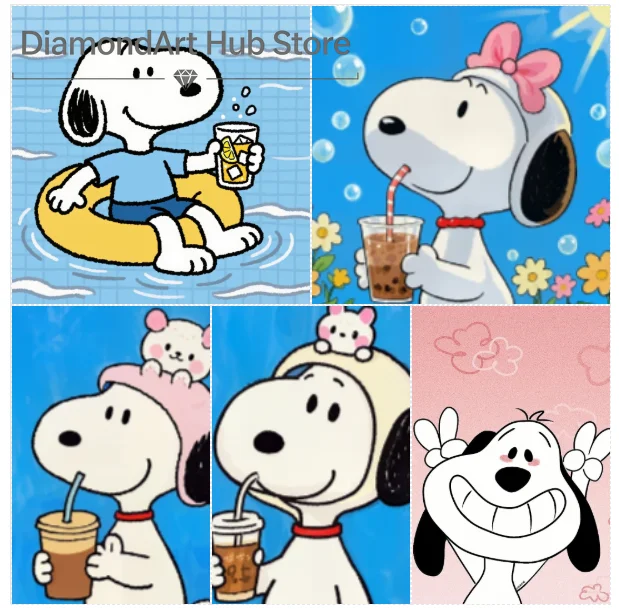 5D DIY Diamond Painting Cute Snoopy Peanuts Cartoon Art, Summer Drink Snoopy On Swim Ring, Bubble Tea Snoopy With Bow,