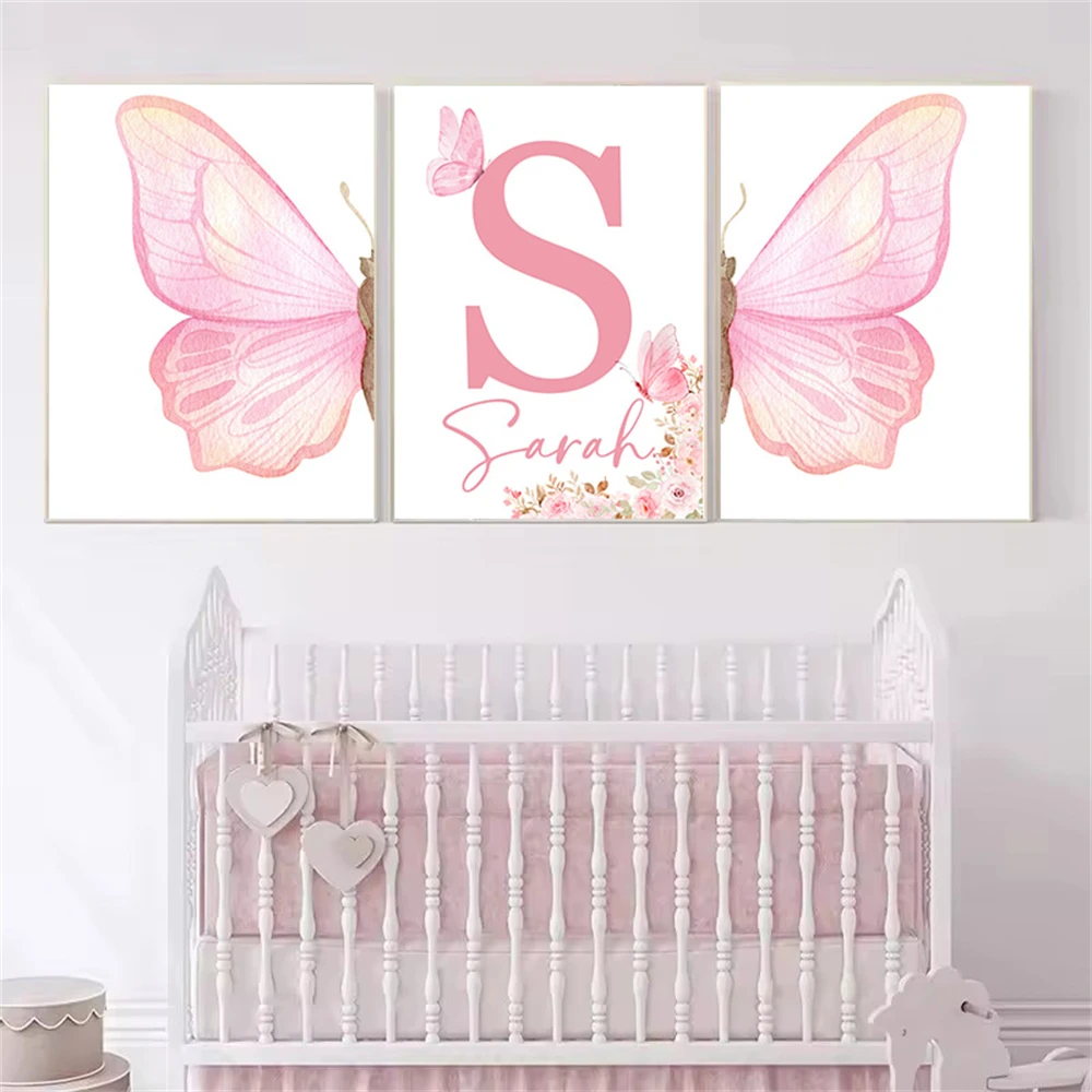Personalized Custom Name Wall Art Print Picture Cartoon Child Pink Butterfly Canvas Poster Painting Nursery Baby Girl Room Decor