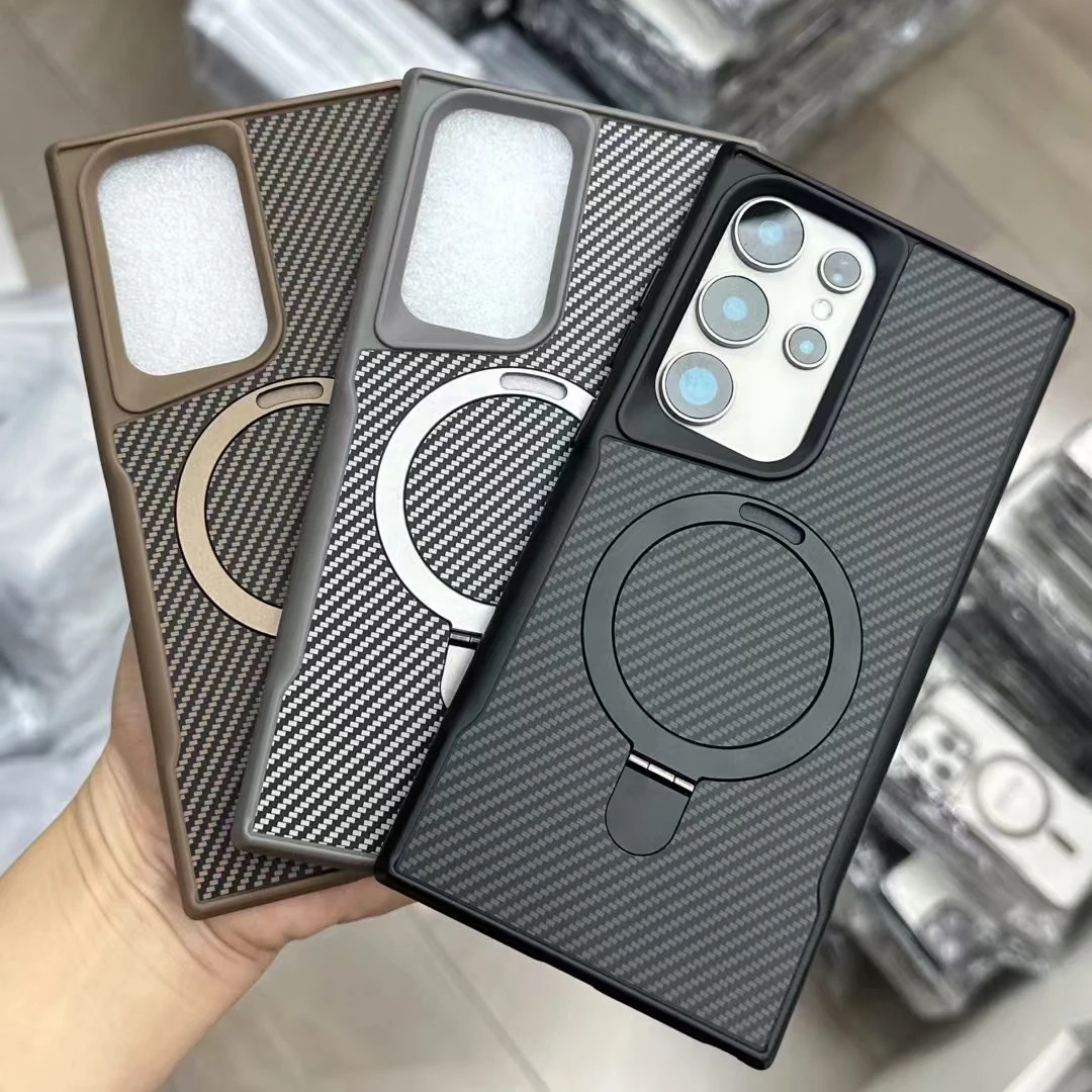 Desert Gold carbon fibre magsafe charging phone case for Samsung Galaxy S25 S24 S23 Ultra Plus metal holder magnetic hard case