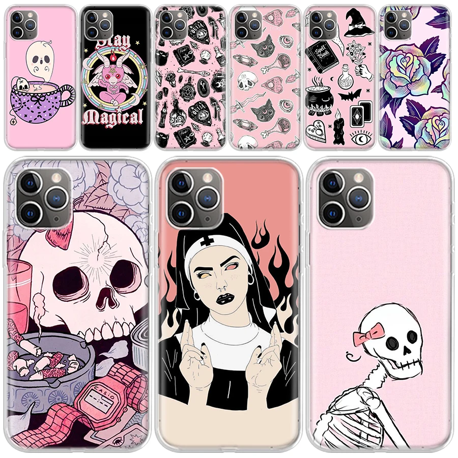 Pink Cat Skull Sorceress Witch Soft Phone Case for iPhone 16 15 14 Plus 13 12 Mini 11 Pro Max 7 + Apple XS X SE 2020 8 Cover She