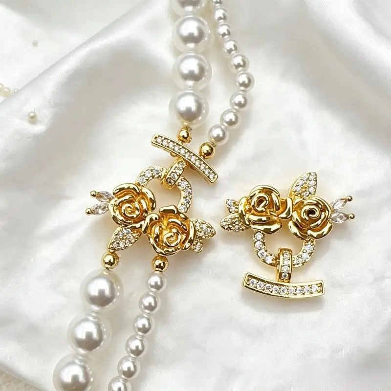 Multi-Row Rose Pearl Brass Jewelry Set Bracelet & Necklace with Sturdy End Buckle for Daily Wear Birthday Gift