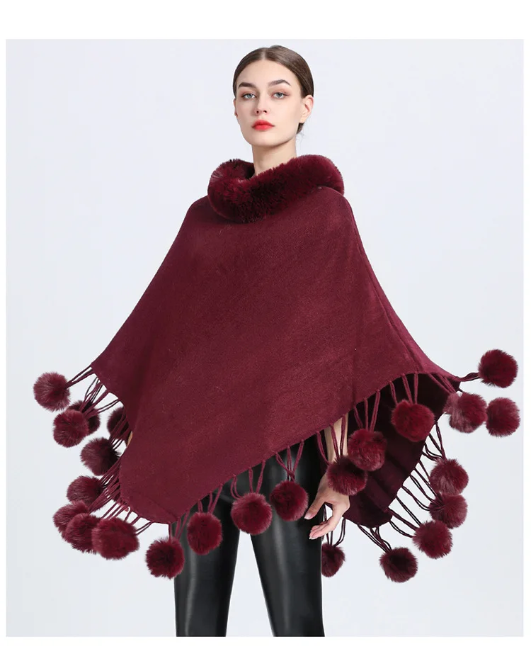 Châle de décoration de boule de fourrure pour femme, écharpe poncho, col en fausse fourrure, cape à franges, couverture asymétrique, châle en diamant