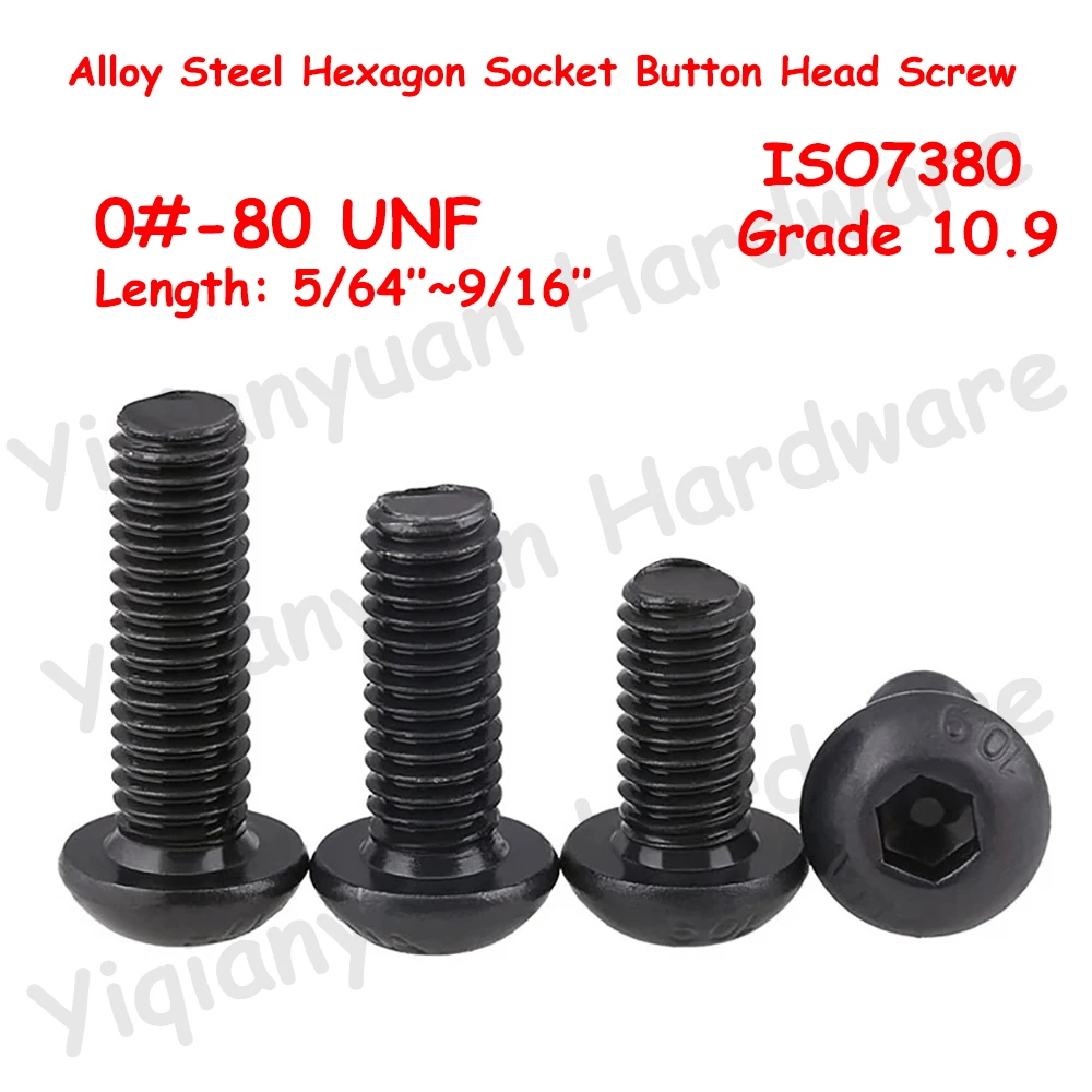 

50Pcs 0#-80 UNF Thread ISO7380 Hexagon Socket Button Head Tiny Screws Grade 10.9 Alloy Steel Black Oxide Allen Key Bolts