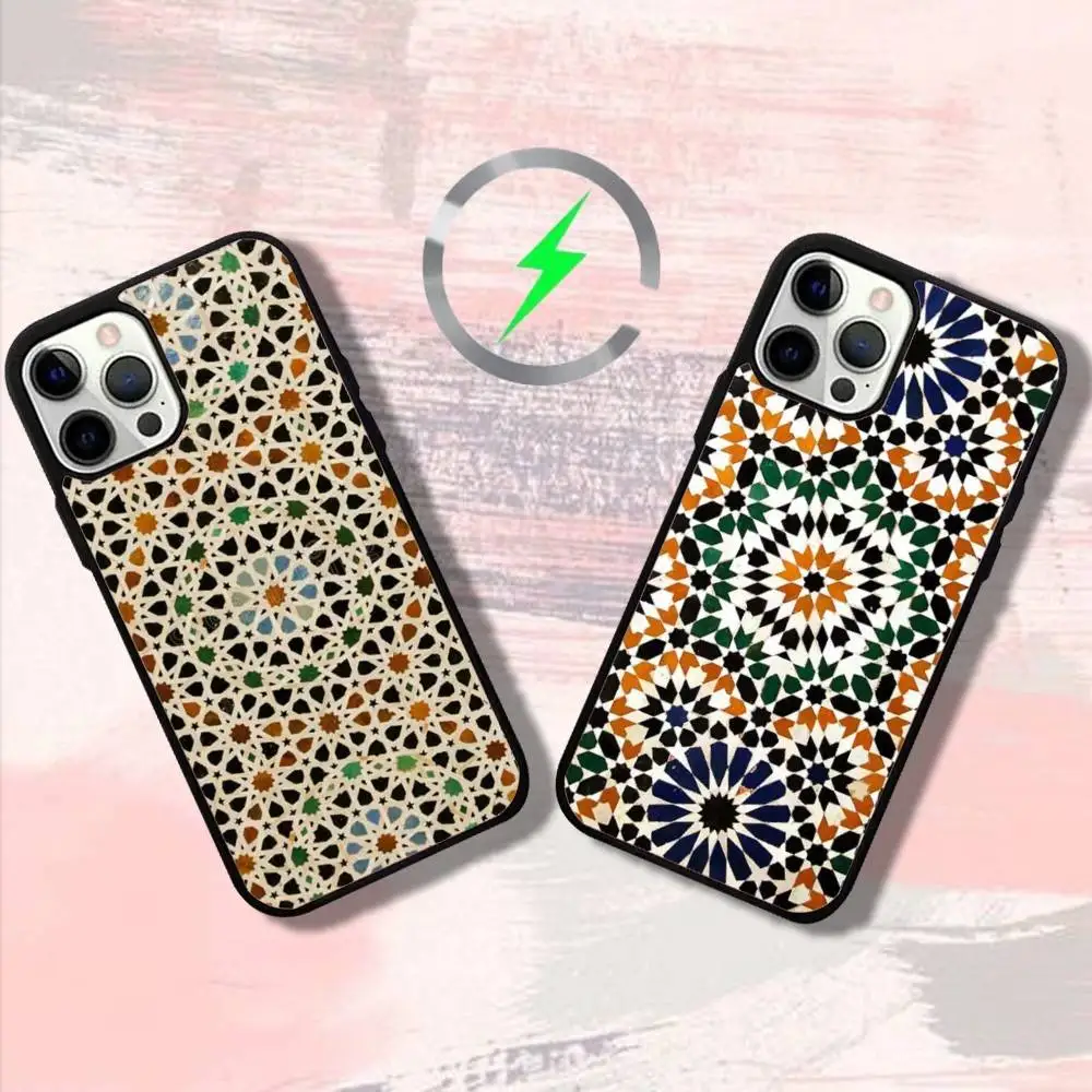 

M-Moroccan Tile Phone Case For iPhone 16,15,14,13,12,11,Pro,Max,Plus,Mini,SE4,E Magnetic Magsafe Wireless Charging