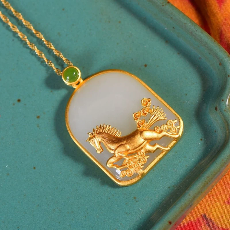 

Classic Ancient gold craft inlaid natural Hotan jade steed necklaces zodiac horses square pendant clavicle chain wedding jewelry