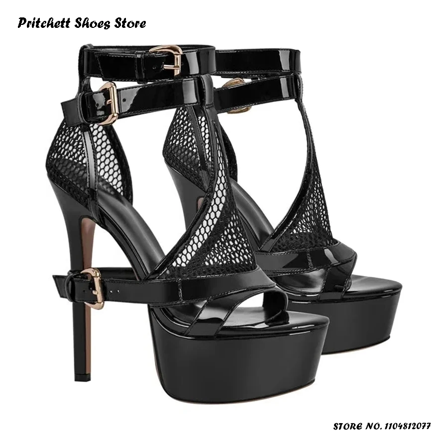 

Air Mesh Buckle Strap Platform Sandals Women's Round Open Toe Thin Heels Shoes Summer Breathable Outfits Streetwear High Heels