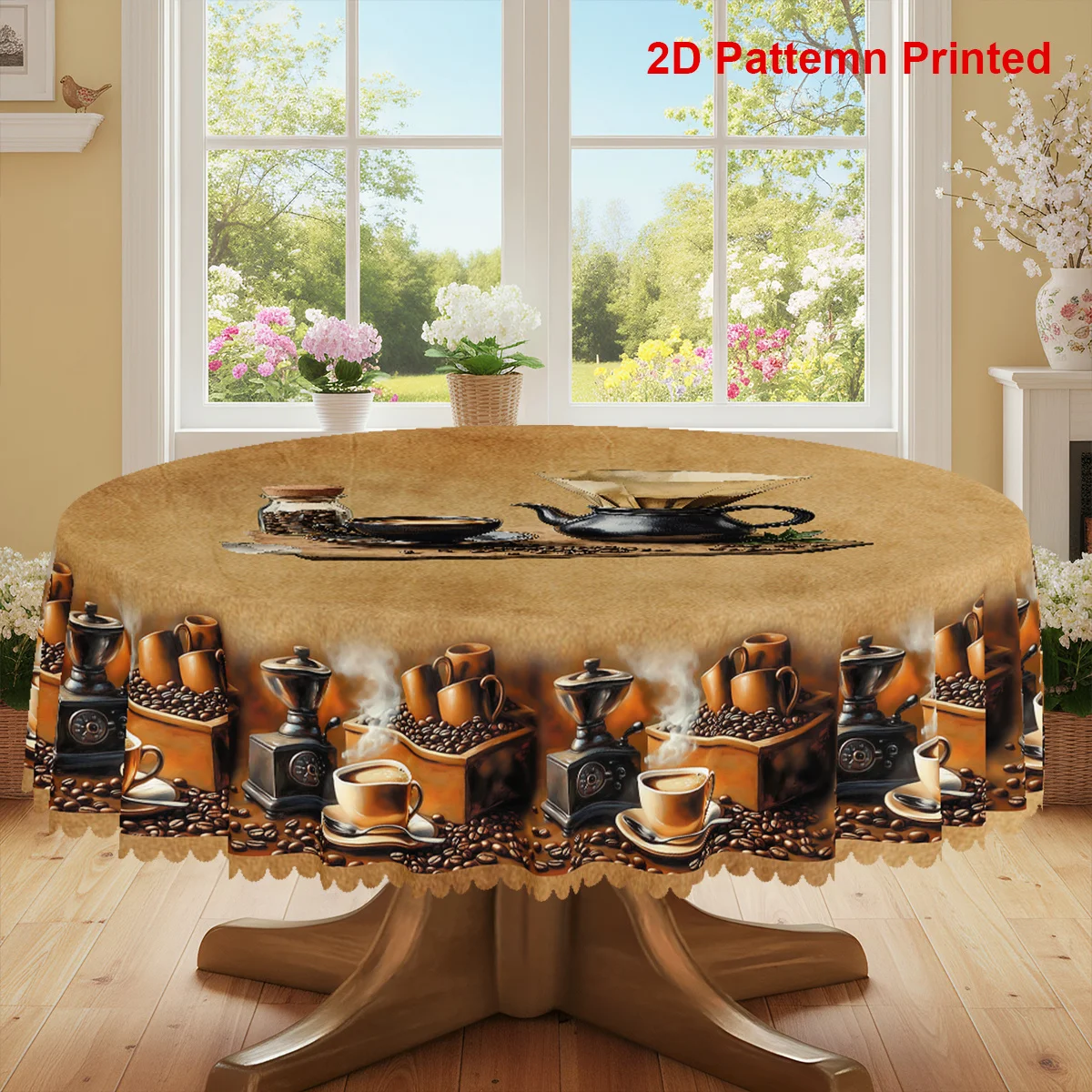 One item, a coffee-themed tablecloth with a vintage coffee machine and coffee bean print design.zyc