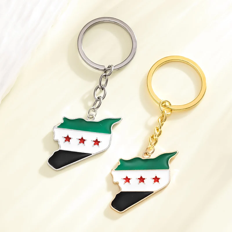 Stainless Steel Syria Map Keychain for Women Men Personalized Geometric Charm Keyring Bag Holder Jewelry Gift