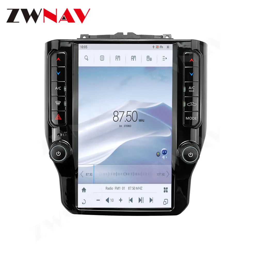 Rádio Automotivo Octa-Core de 12.1 polegadas com Android 13 para Dodge Ram 2020 em diante, CarPlay sem fio e Android Auto, câmera de ré AHD, GPS e áudio de alta resolução.