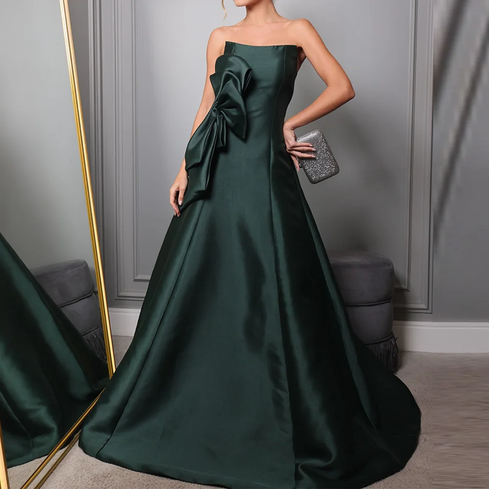 ชุดราตรีผ้าซาตินแบบไร้สาย ดีไซน์หรูหรา คลาสสิก แขนกุด พร้อมโบว์และชายกระโปรงยาว เหมาะสำหรับงานพิเศษ