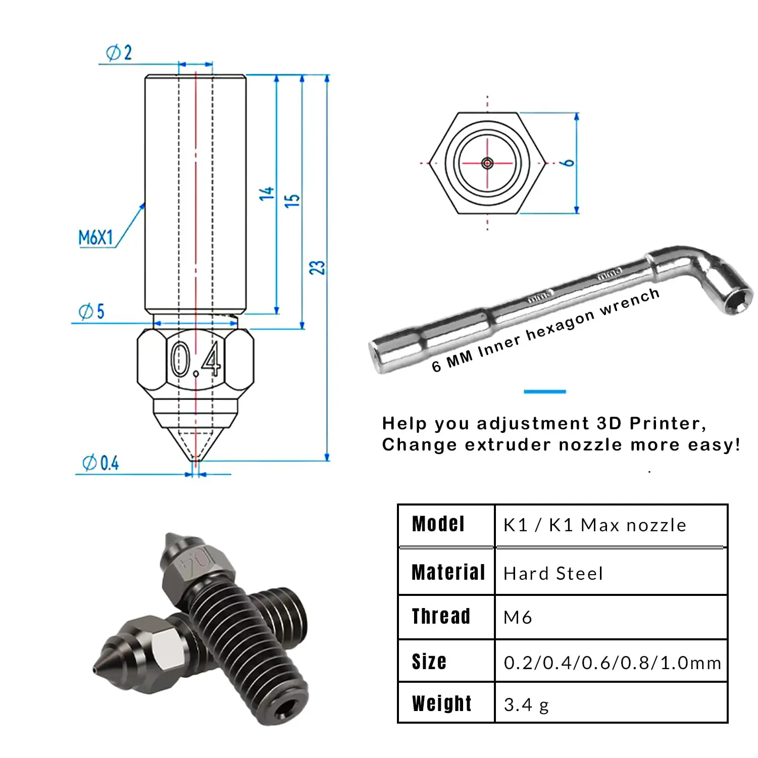Creality K1 Kupferlegierungs-Düse, 0.2/0.4/0.6/0.8mm für Ender 3 V3 KE, K1, K1 Max, CR-10 3D-Drucker Zubehör – Detail 3