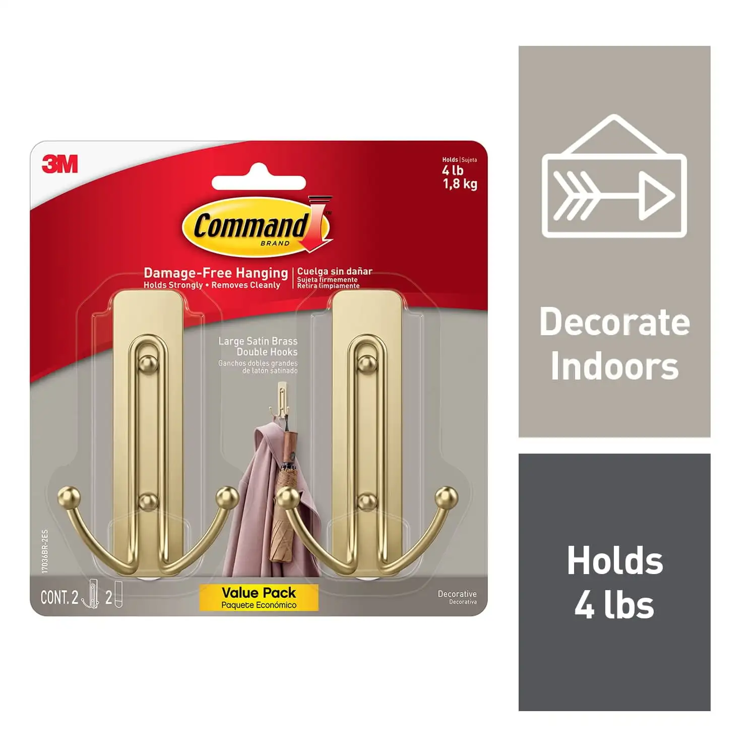 

Large Double Wall Hooks, Satin Brass, Damage Free Decorating, 2 Hooks