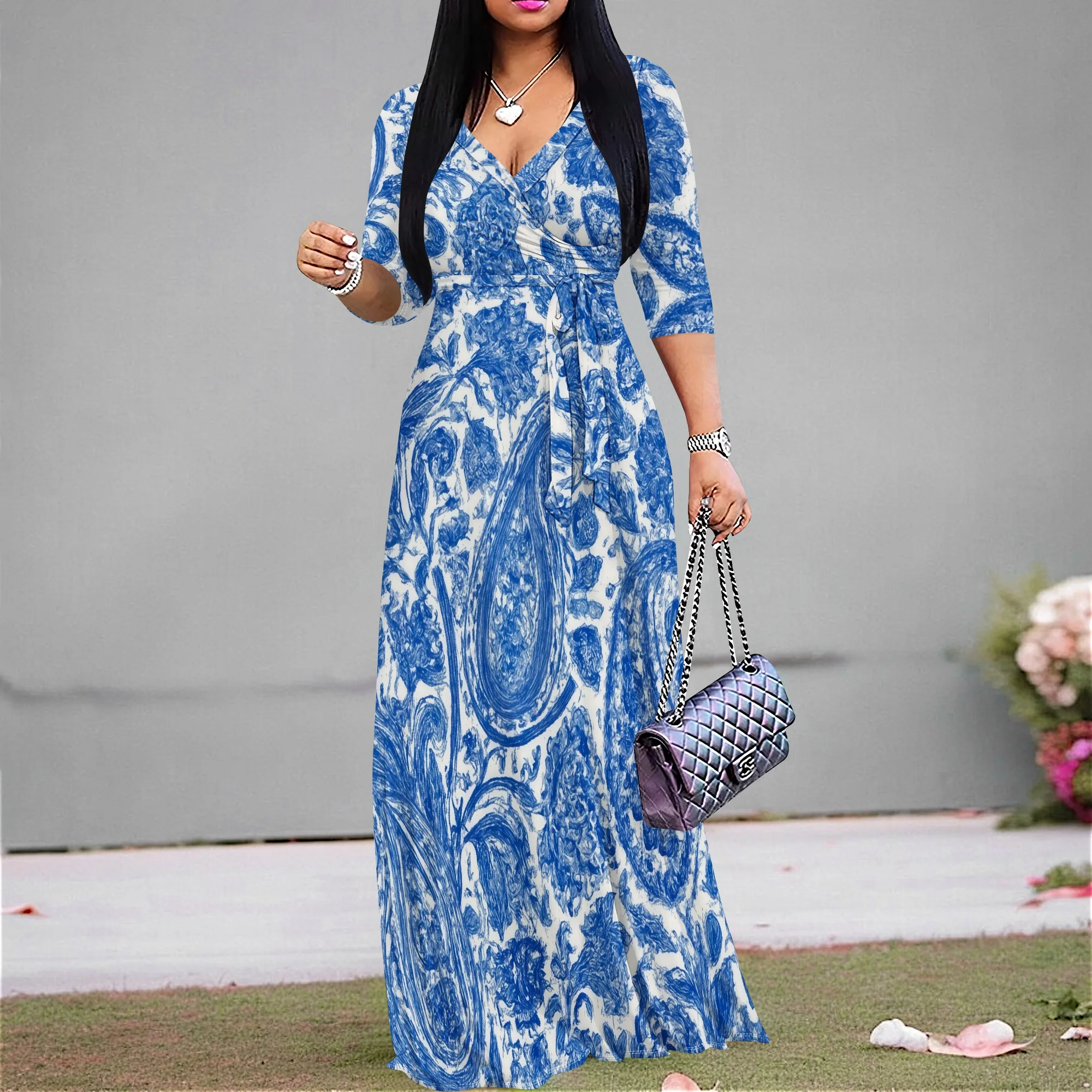 

Women's Boho Paisley Print Maxi Dress V-Neck Wrap Casual Long Sundress XS-3XL