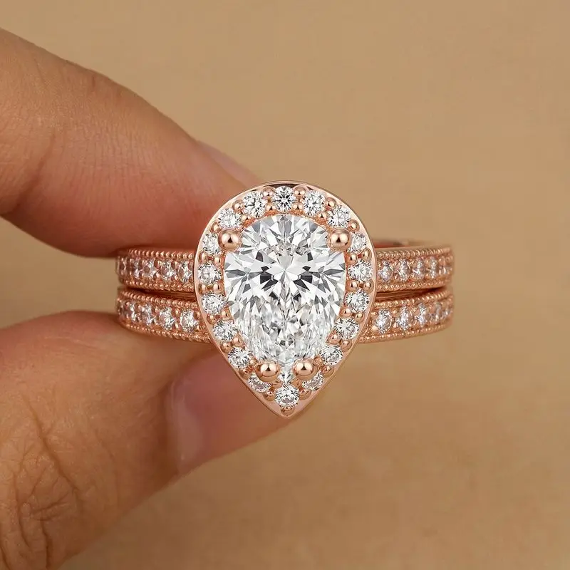 

Daily Wear Pear-Shaped Cubic Zircon Two-Piece Set Rings for Women Rose Gold Colour High Quality Female Anniversary Gift Jewelry