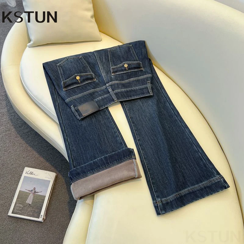 

KSTUN двубортные джинсы-клеш с низкой посадкой и флисом, женские теплые утепленные винтажные расклешенные брюки для девочек, модные карманы