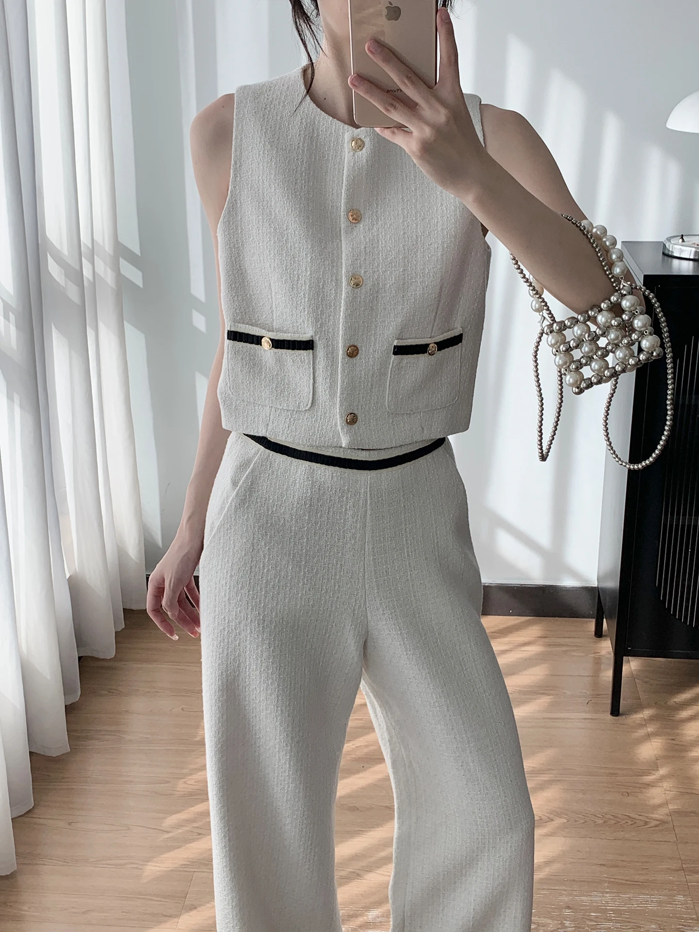 

IULV Women's Faion Set round Ne Svel Glimmer Tead Thiened Woolen Straight Leg Pants Long Sve Vest Autumn Wear