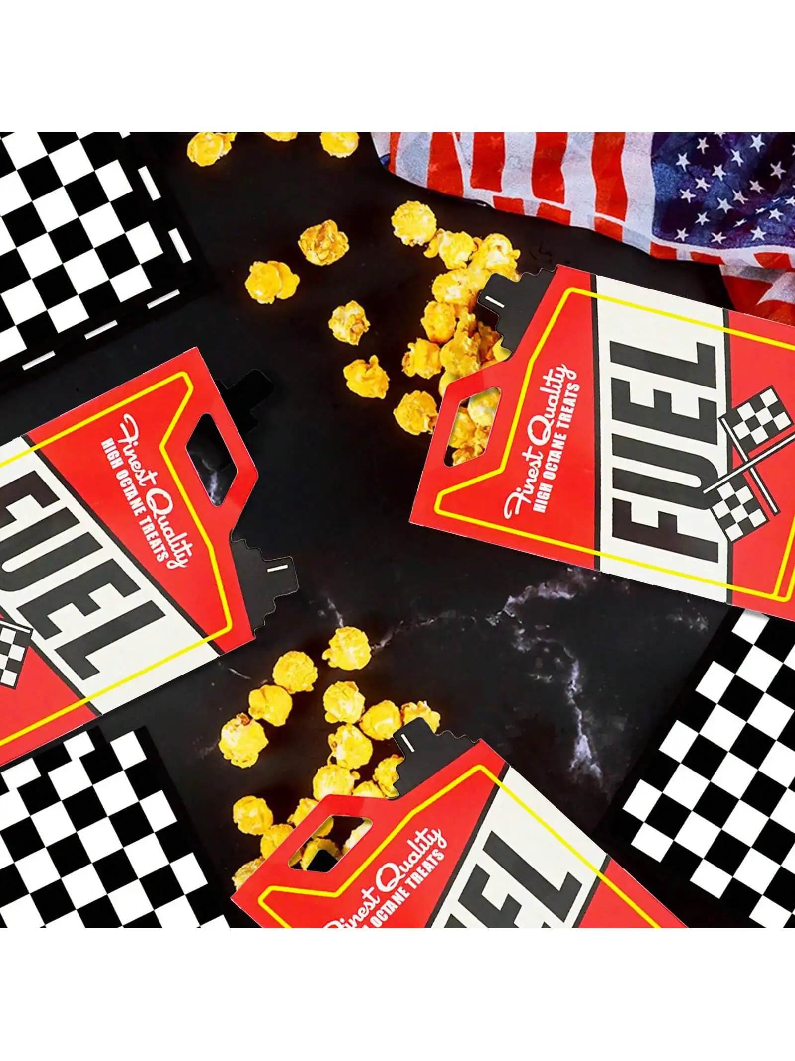 Neuheit 6/12 Stück Rennwagen-Popcorn-Leckerli-Boxen mit Flaggen, schwarz-weiße Rennflagge für Rennwagen-Thema, Geburtstagsfeier, Dekoration – Detail 4
