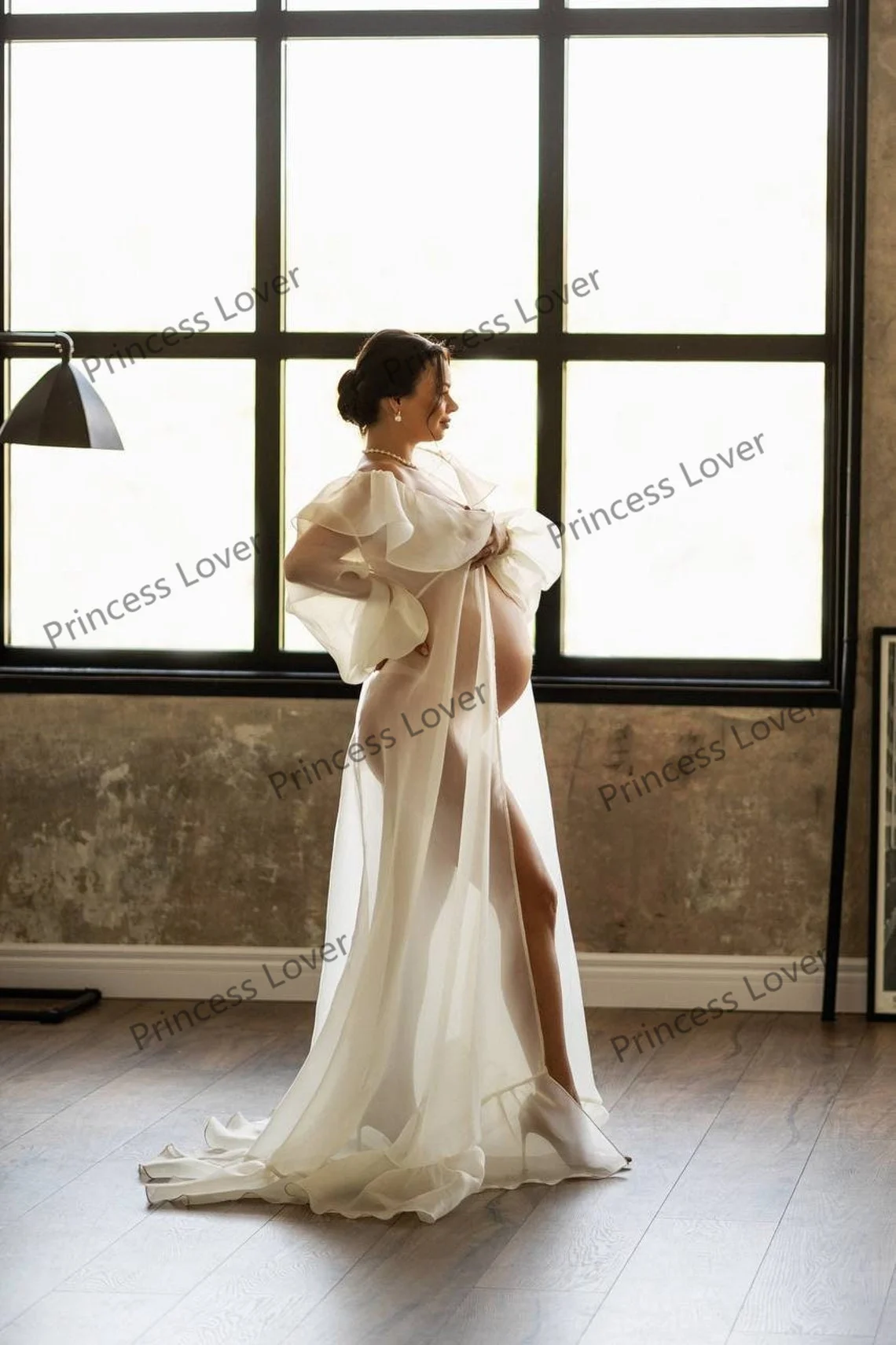 Ivory Maternity Gown for Women Long Sleeves Prom Dresses Organza Photoshoot Boudoir Lingerie Ladies Pregnancy Dress