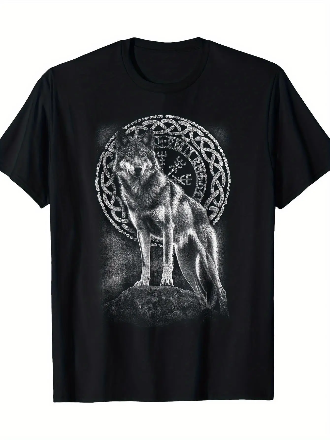 Men Pure Cotton Viking Wolf Celtic Knotwork Norse Mythology T-Shirt Black Casual Tee for Hiking Outdoor Activities Gym