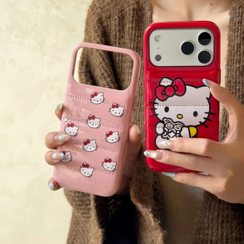 Funda de Teléfono con Diseño de Dibujos Animados Kt Wave Puffer Down Jacket para iPhone 17 Pro Max 16 15 14, Kawaii Coreano Japonés, Invierno, Cuero, Antigolpes