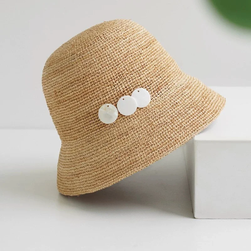 Women's Wide-Brimmed Raffia Hat with Shell Accents: Fisherman's Hat for The Beach, Sun Protection, and Vacation