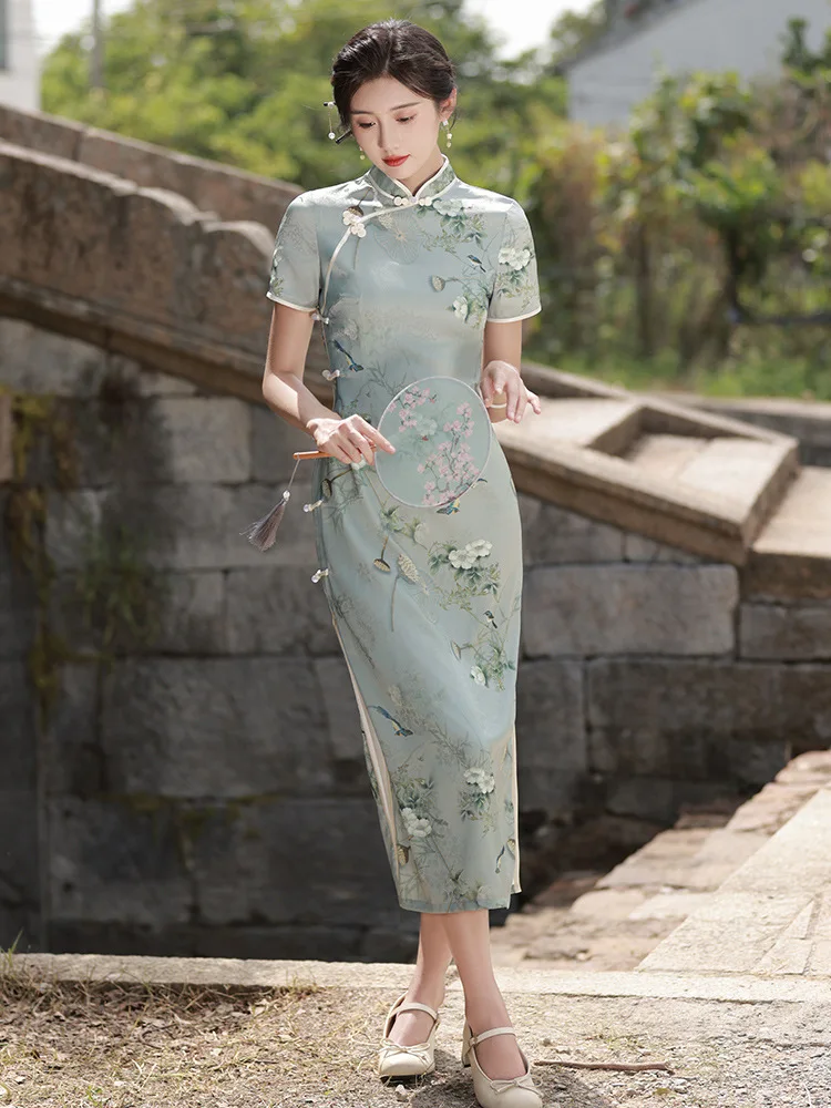 FZSLCYIYI Elegant Short Sleeve Young Girls Daily Qipao Women Retro Chinese Side Eight-Buttons Printed Satin Cheongsam Dresses