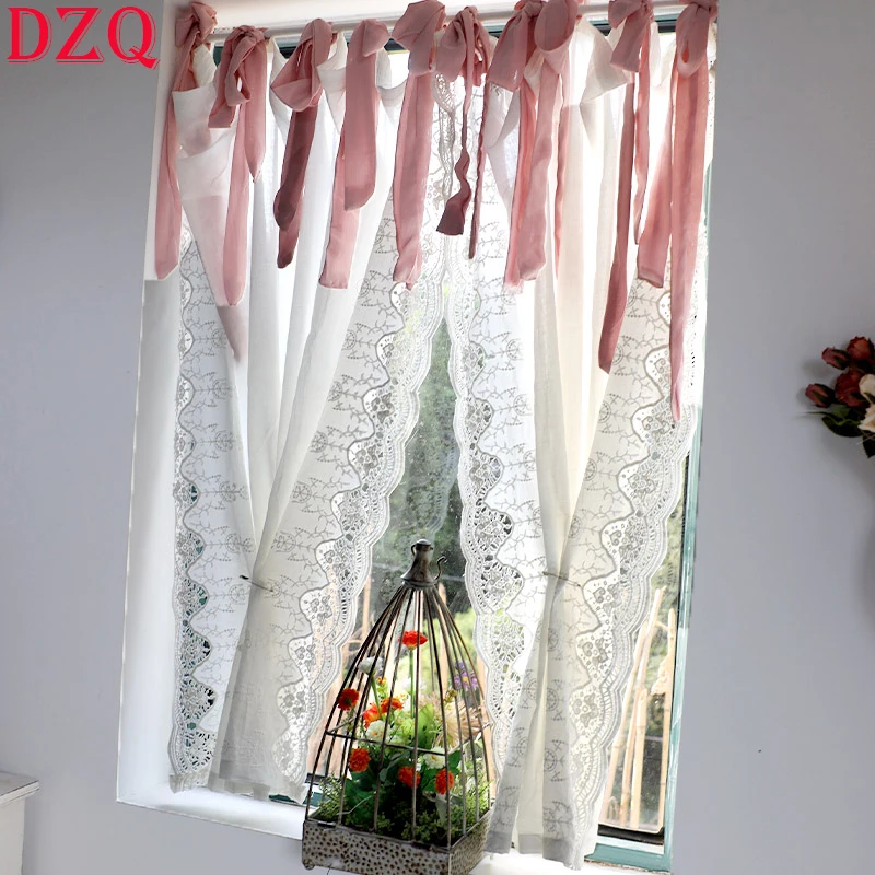 

Idyllic Elegant Flowers Lace Tulle Door Curtain Special Design Rural White Lace Gauze Curtains for Kitchen Pink Tape Curtain 173