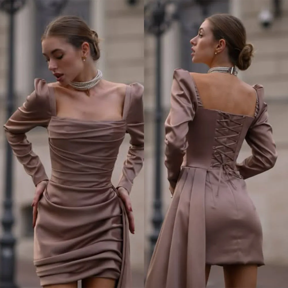 

High Quality Customized Above Knee Pleat Backless Full Sleeves Back Strap Vestidos Elegantes Para Mujer Lowime Evening Dress