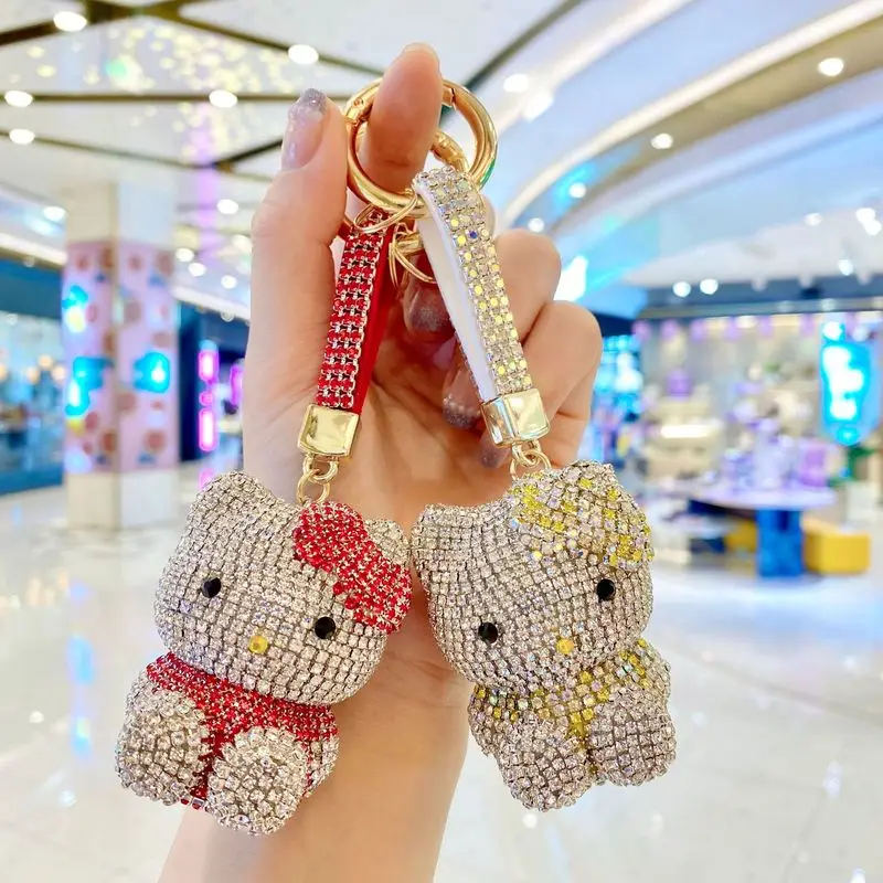 Hot High Quality Diamond Studded Kt Cat Keychain Fashionable Women'S Bag Pendant Cute Doll Car Keychain Circle Party Small Gift