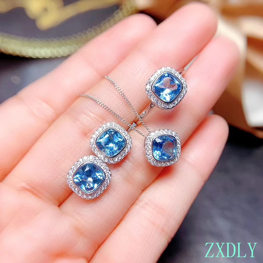 Newest Natural Blue Topaz Jewelry Set Stud Earrings Ring Women Necklace Real 925 Silver Beautiful Effect Good Gift