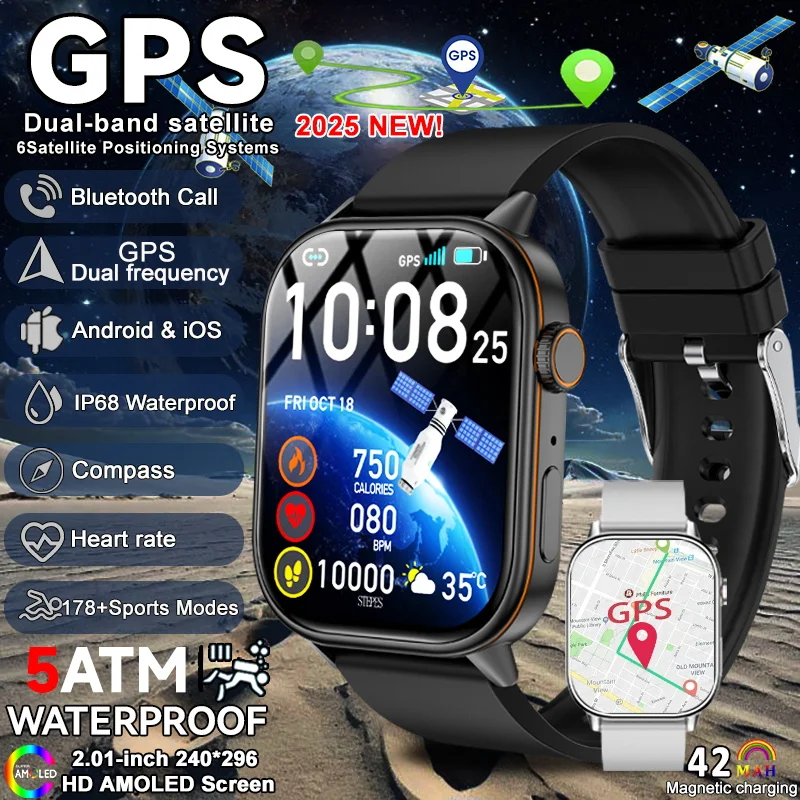 

2025 Новые военные умные часы с GPS на открытом воздухе, AMOLED-экран, компас, двухдиапазонный GNSS, Bluetooth-вызов, водонепроницаемые умные часы с пульсометром