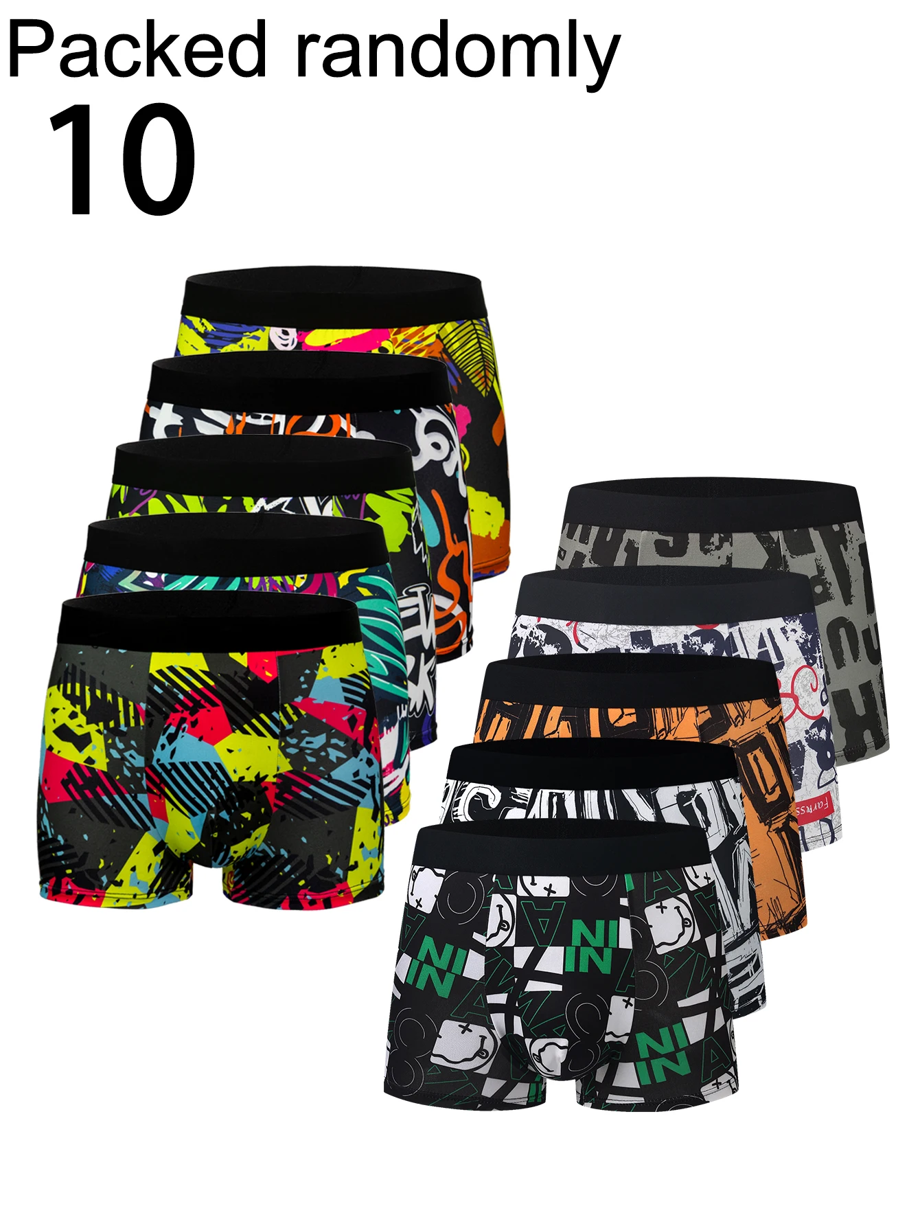 10-Pack Men's Graffiti Print Boxer Shorts High Elastic Comfort Mid-Waist Loose Fit Youthful Trendy Underwear Random Delivery