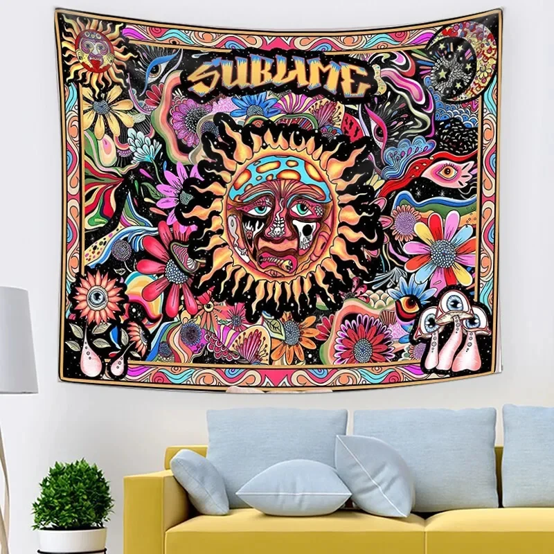 VIKAMA Sublime Sun Tapestry, Psychedelic Hippie Wall Hanging, Trippy Floral & Mushroom Print for Bedroom Dorm Home Decor
