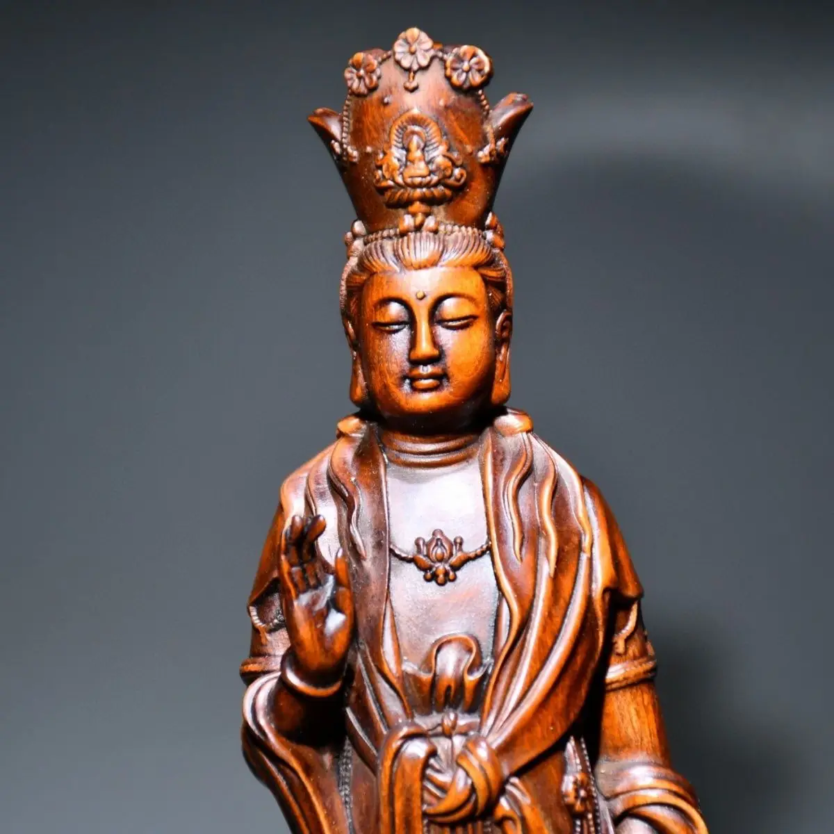 Hand Carved Wood Dragon-subduing guanyin buddha Statue Figurine Desktop Ornaments Home Decoration