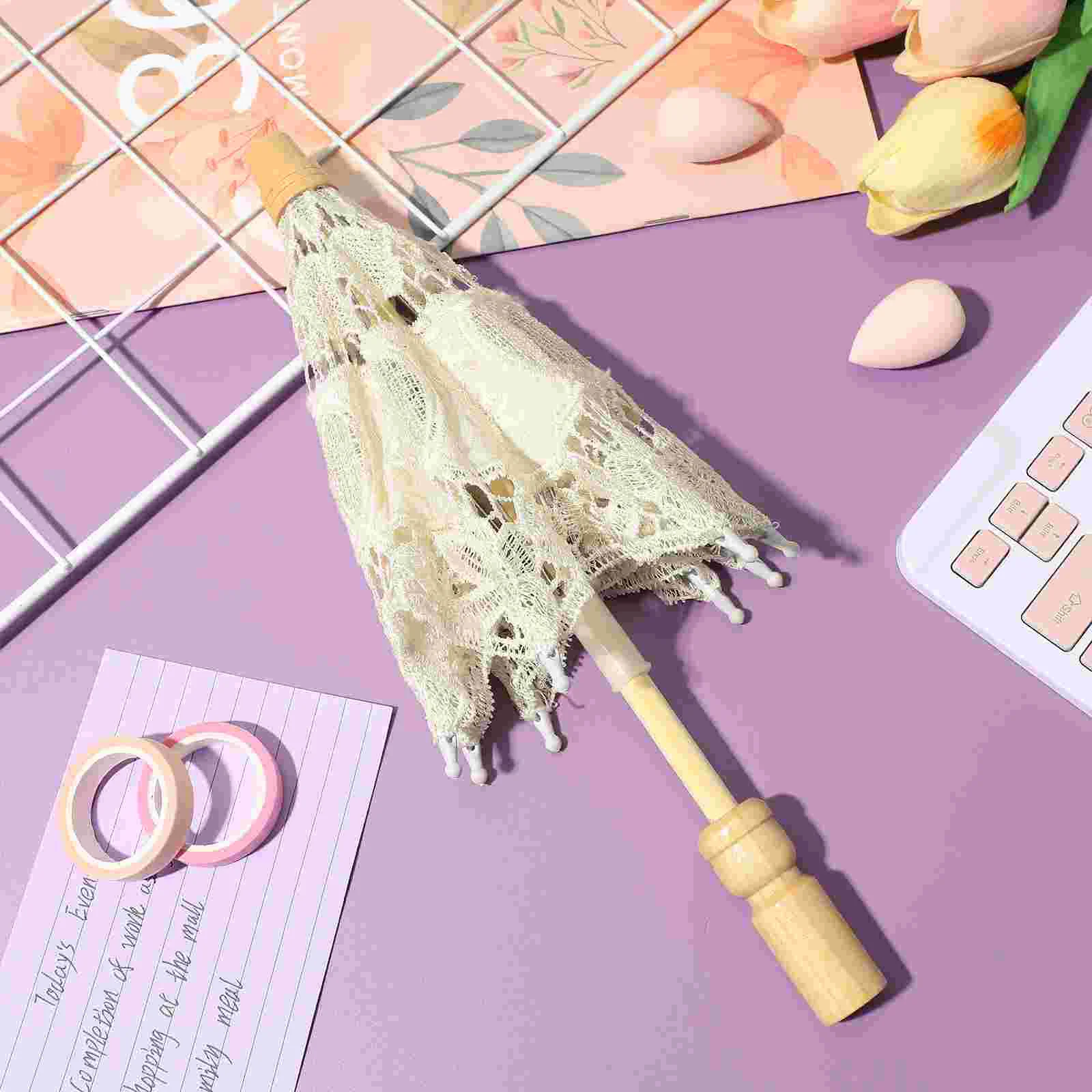 Wedding Small Cotton Umbrella Miss Mini White Decor Parasols Wooden Embroidery Craft