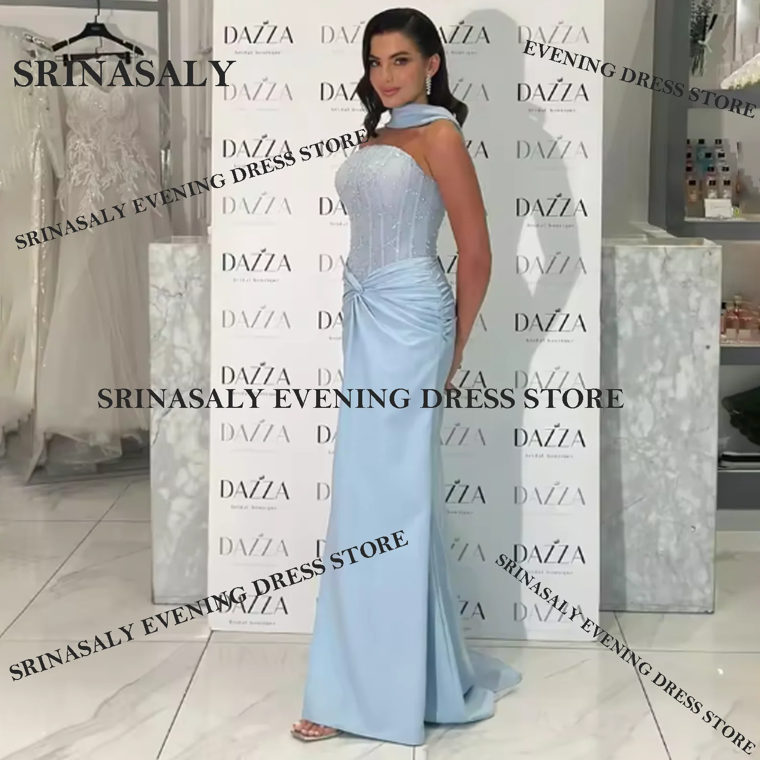 فساتين سهرة طويلة الأكمام من دبي، فساتين حفلات بتصميم حورية البحر بدون حمالات مع طيات وخرز، فساتين حفلات طويلة مخصصة