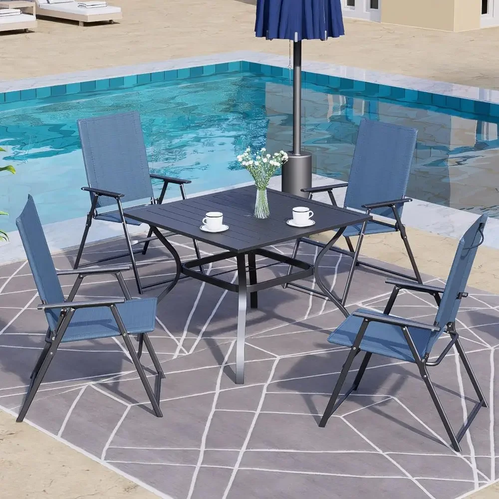 Blue Outdoor Portable Sling Back Chairs Set of 2 with Armrests for Patio, Lawn, Camping, and Garden