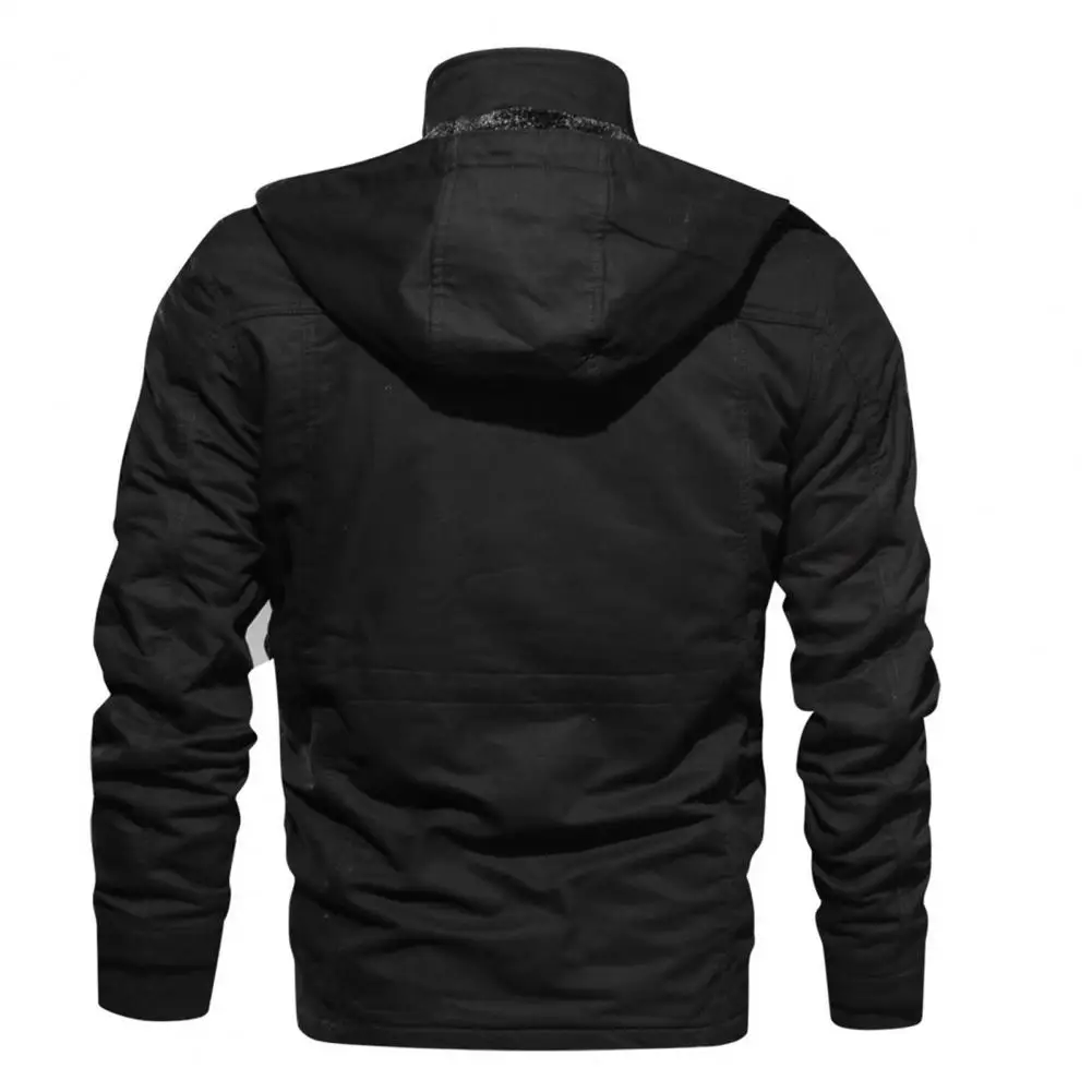 Cozy  Simple Windproof Zipper Hoodie Winter Men Jacket Plush Lining   for Sports