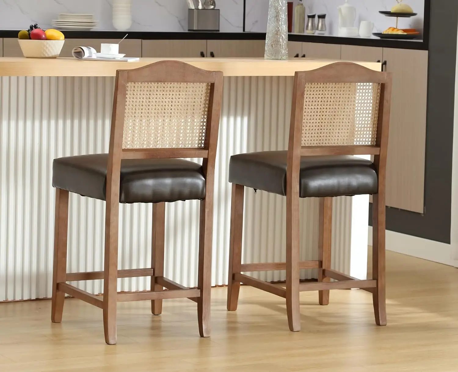 Counter Height Bar Stools Set of 2 Farmhouse Rattan Back Leather Upholstered Kitchen Island Chairs