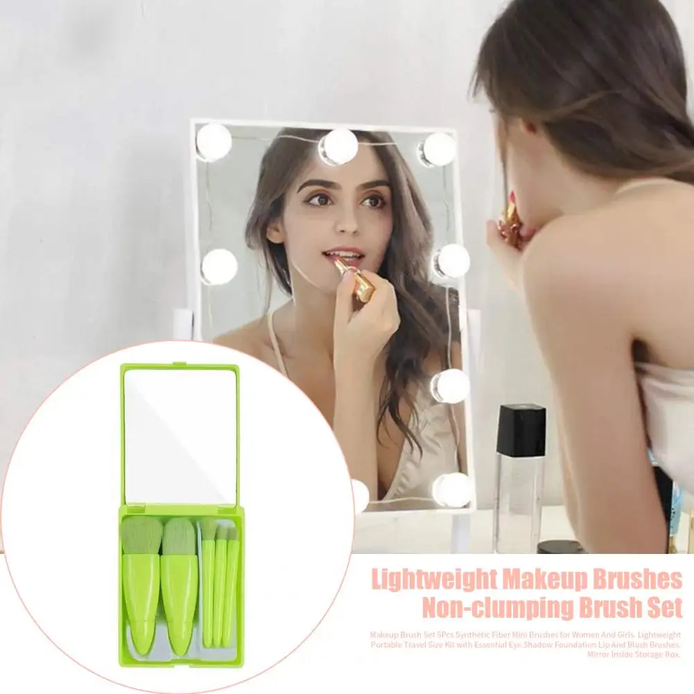 5Pcs Makeup Brush Kit with Mirror Box Loose Powder Blush Eyeshadow Concealer Lip Eyebrow Blending Cosmetic Brushes