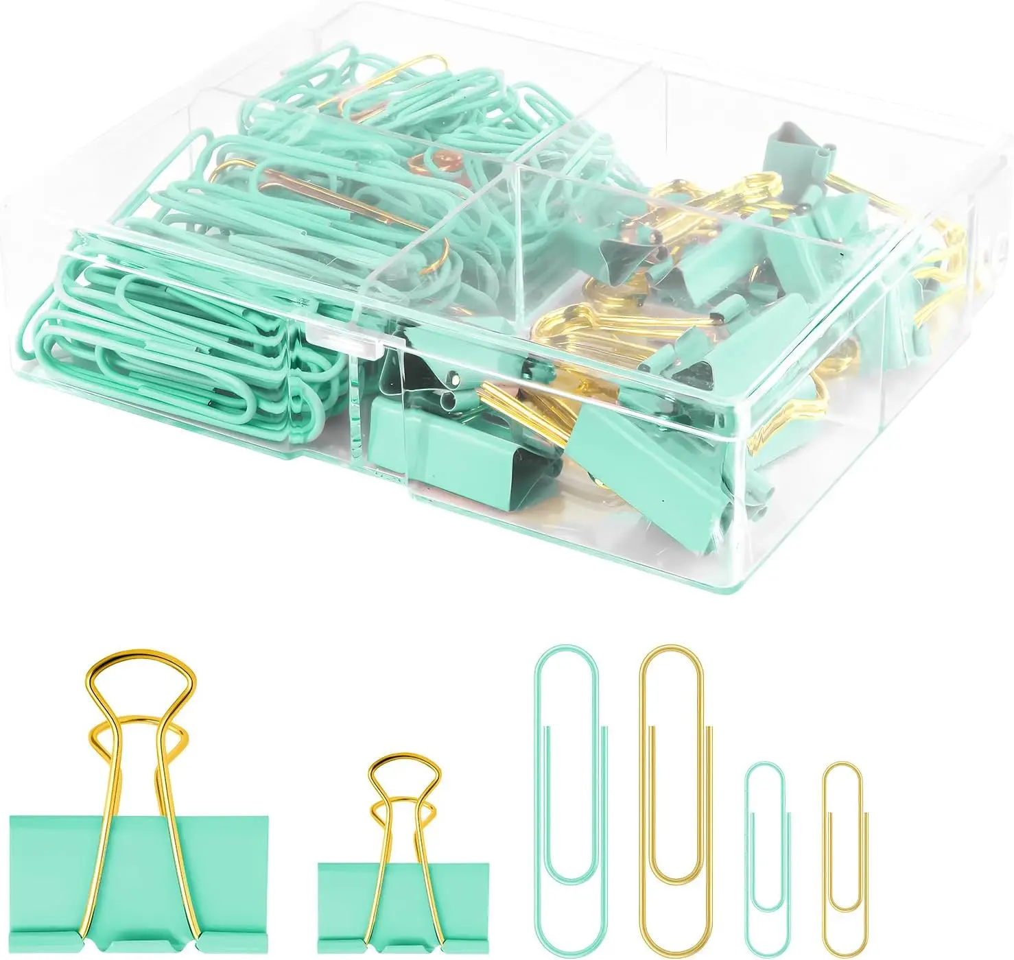 

165 Pcs Green & Gold Paper & Binder Clips Set with Storage Box, Assorted Sizes for Office School Home