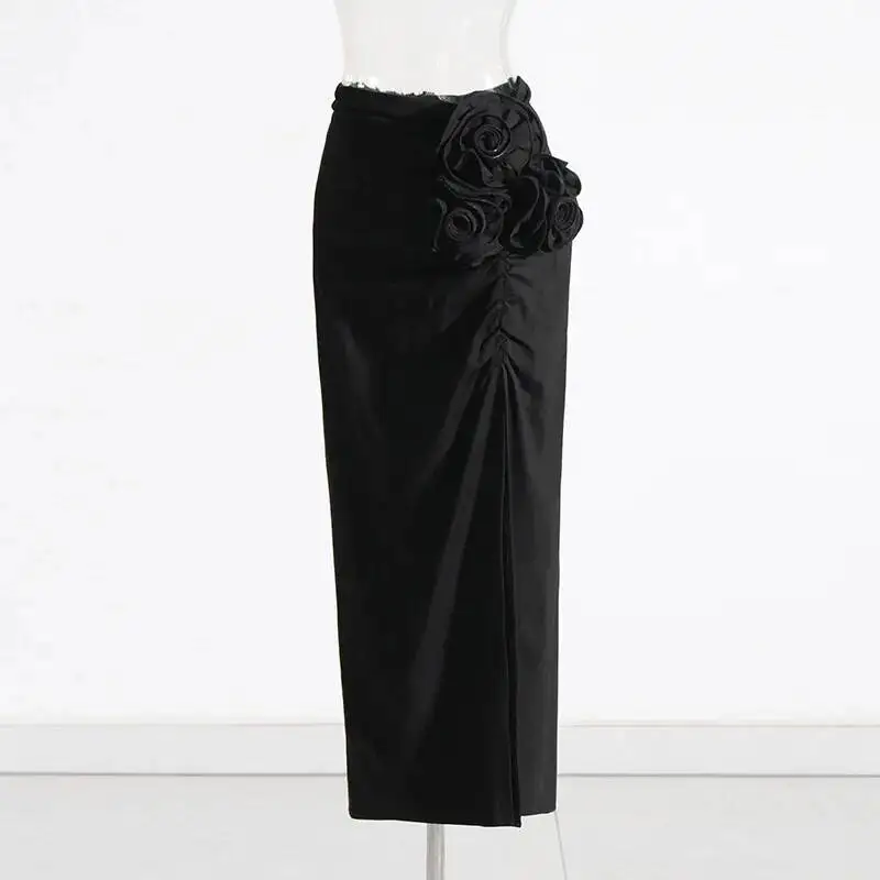 HKSH Women Skirt Three-dimensional Flower Pleated Sexy Split Slim Fit Solid Color Elegant Trendy Casual Skirts New Summer HK6244