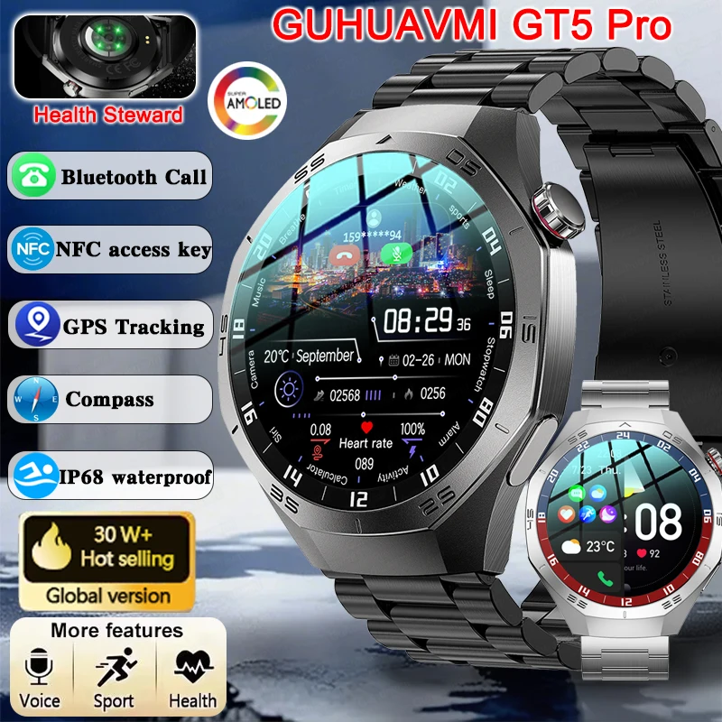 2025 New GUHUAVMI GT5 Pro Smart Watch Men HD AMOLED Screen GPS Motion trajectory HeartRate Bluetooth Call 1.52